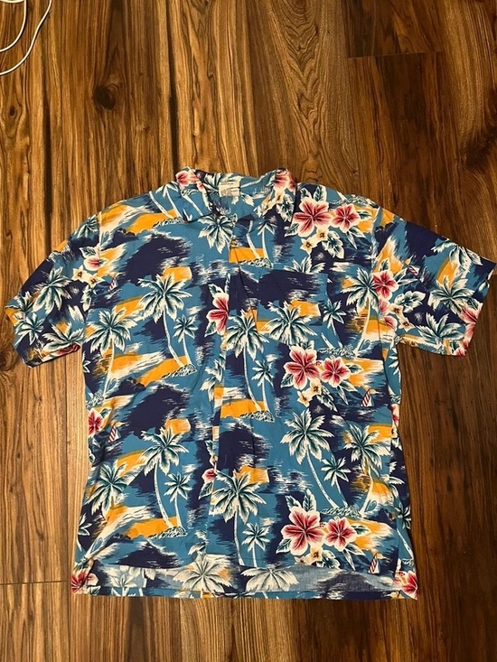 None Other - Tropical Floral Hawaiian Button-Up Shirt in Teal & Navy